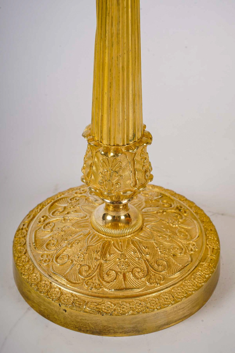 Pair Of Restauration Period Gilt Bronze Candlesticks Mounted As Lamps Circa 1820-photo-1