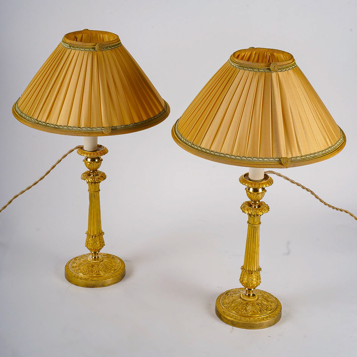 Pair Of Restauration Period Gilt Bronze Candlesticks Mounted As Lamps Circa 1820-photo-2
