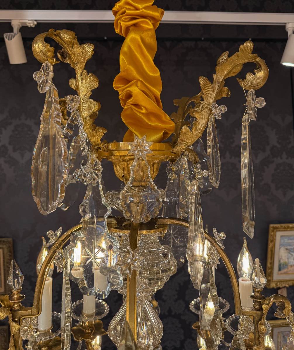 Large Louis XV Style Chandelier Signed By Baccarat In Gilt Bronze With Cut Crystal Decor-photo-2
