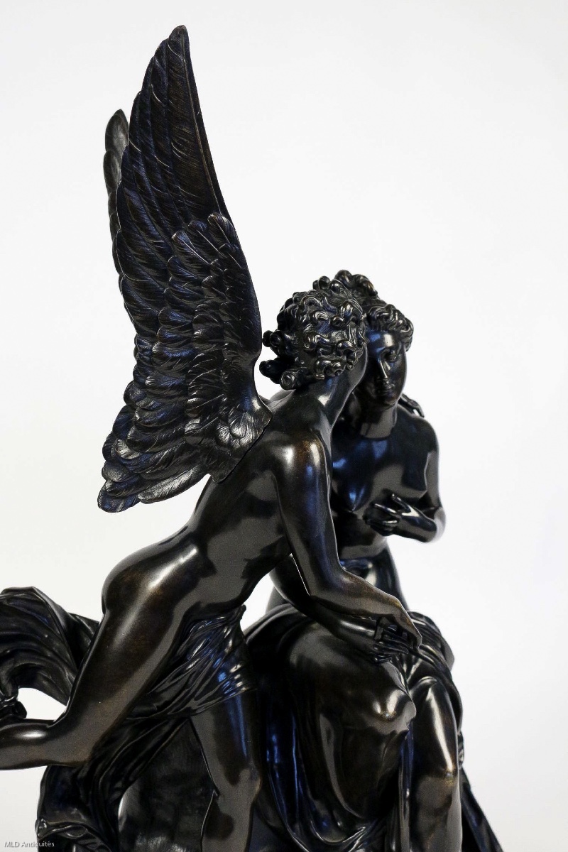 Groupe en bronze à patine noire "Ange et Nymphe", époque Romantique vers 1830-1840-photo-3