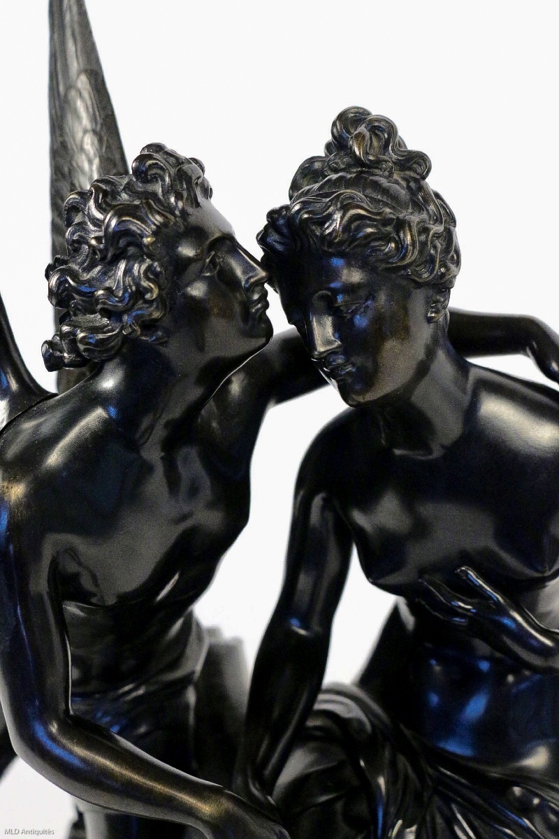 Groupe en bronze à patine noire "Ange et Nymphe", époque Romantique vers 1830-1840-photo-4