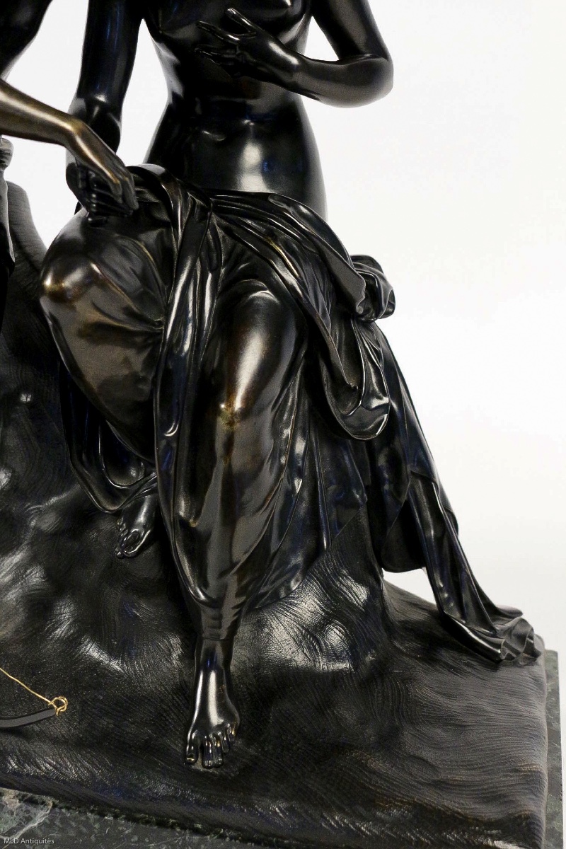 Groupe en bronze à patine noire "Ange et Nymphe", époque Romantique vers 1830-1840-photo-2