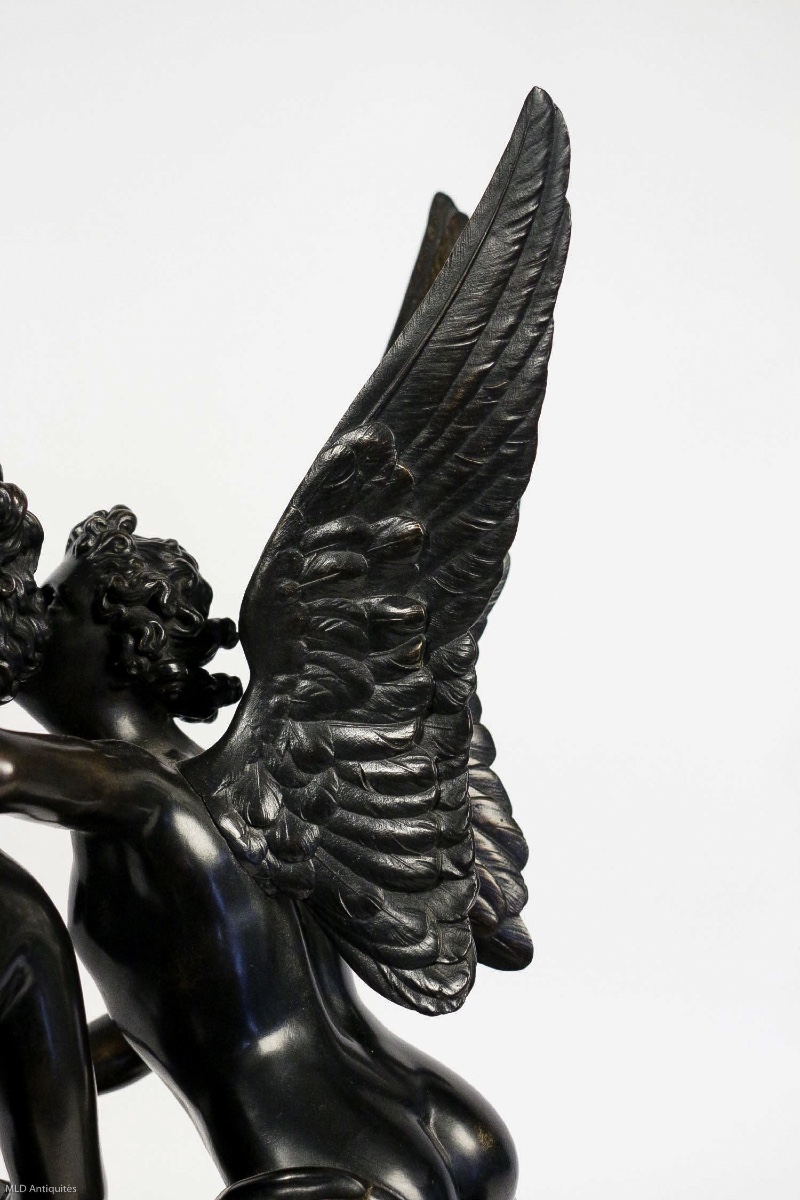 Groupe en bronze à patine noire "Ange et Nymphe", époque Romantique vers 1830-1840-photo-6
