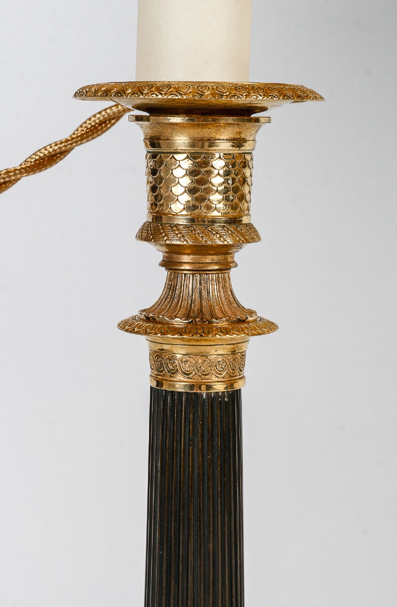 Pair Of Empire Period Patinated And Gilt Bronze Candlesticks Mounted As Lamps Circa 1810-photo-1