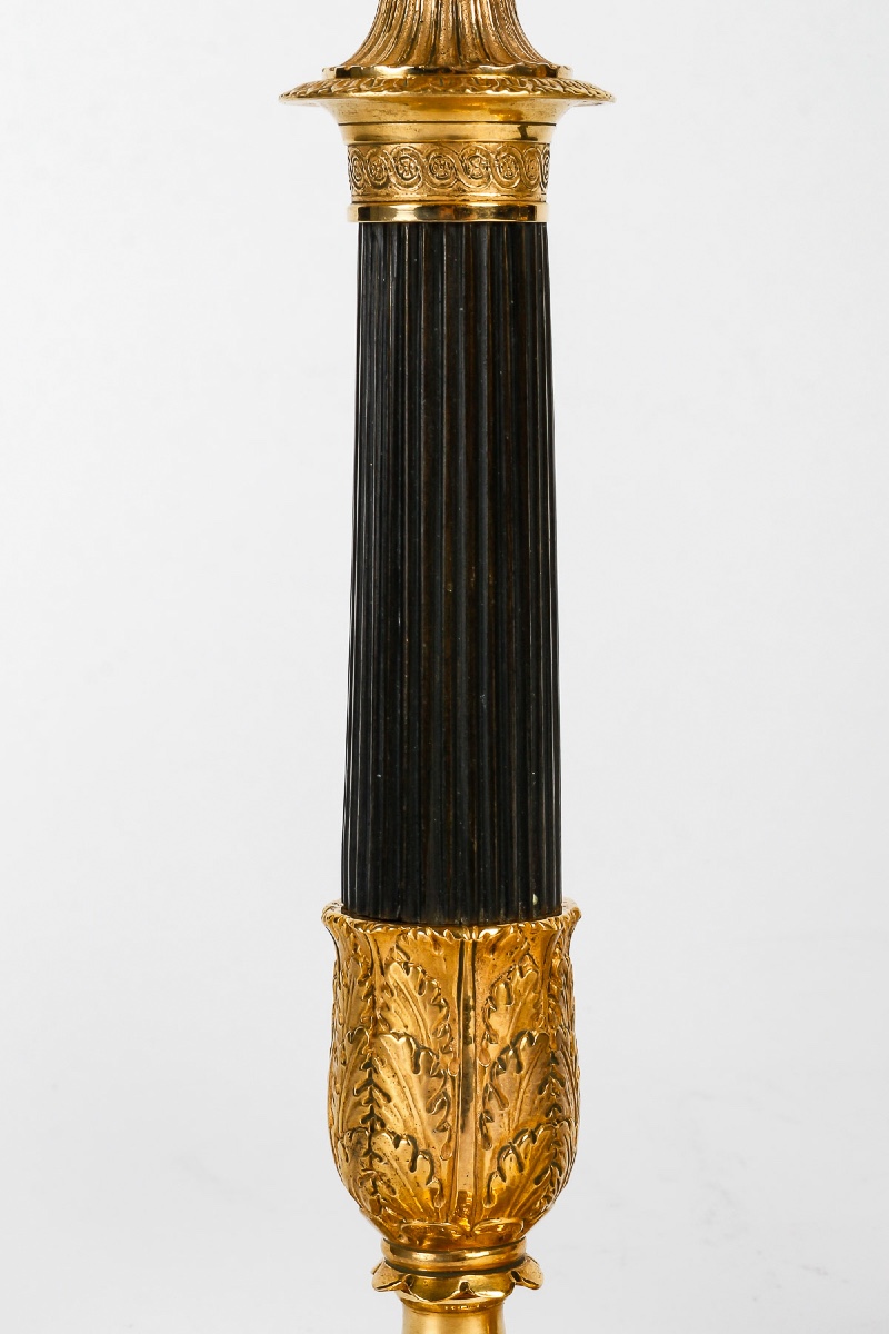 Pair Of Empire Period Patinated And Gilt Bronze Candlesticks Mounted As Lamps Circa 1810-photo-3