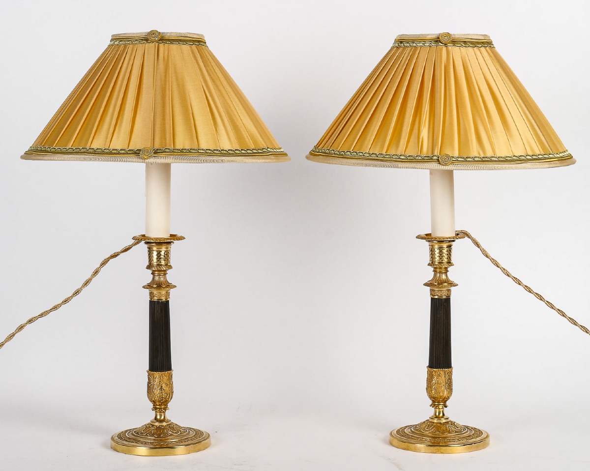 Pair Of Empire Period Patinated And Gilt Bronze Candlesticks Mounted As Lamps Circa 1810
