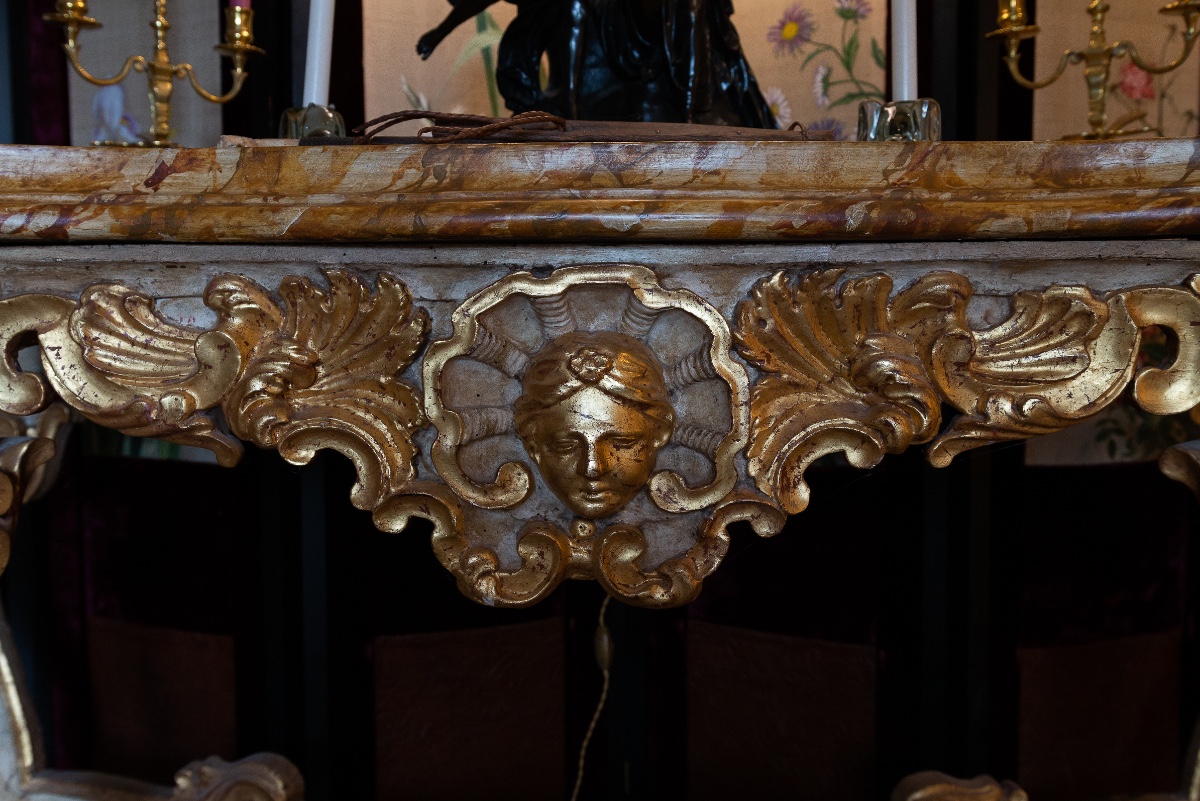 Importante console laquée et dorée à plateau imitant le marbre de Sienne Italie XVIIIeme siècle-photo-2