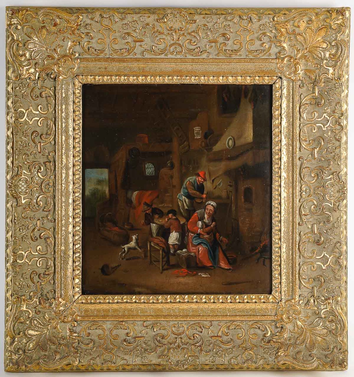École belge du XIXe siècle – La famille dans son intérieur, huile sur panneau monogrammée GVH