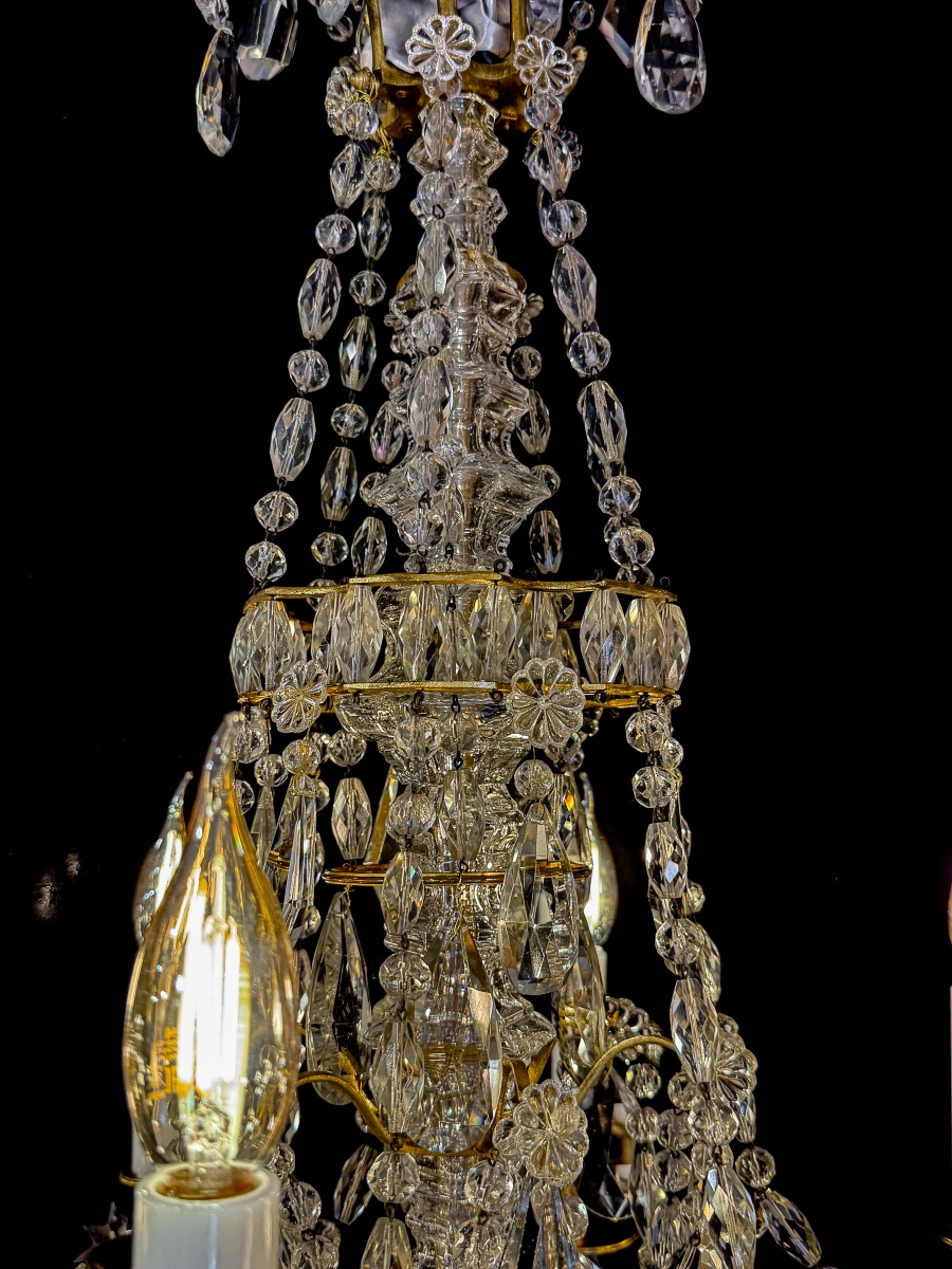 Lustre Marie-Antoinette, style Louis XVI en bronze ciselé et doré, cristal attribué à Baccarat-photo-3