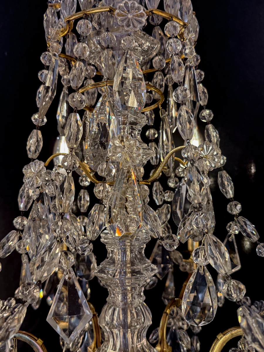 Lustre Marie-Antoinette, style Louis XVI en bronze ciselé et doré, cristal attribué à Baccarat-photo-1