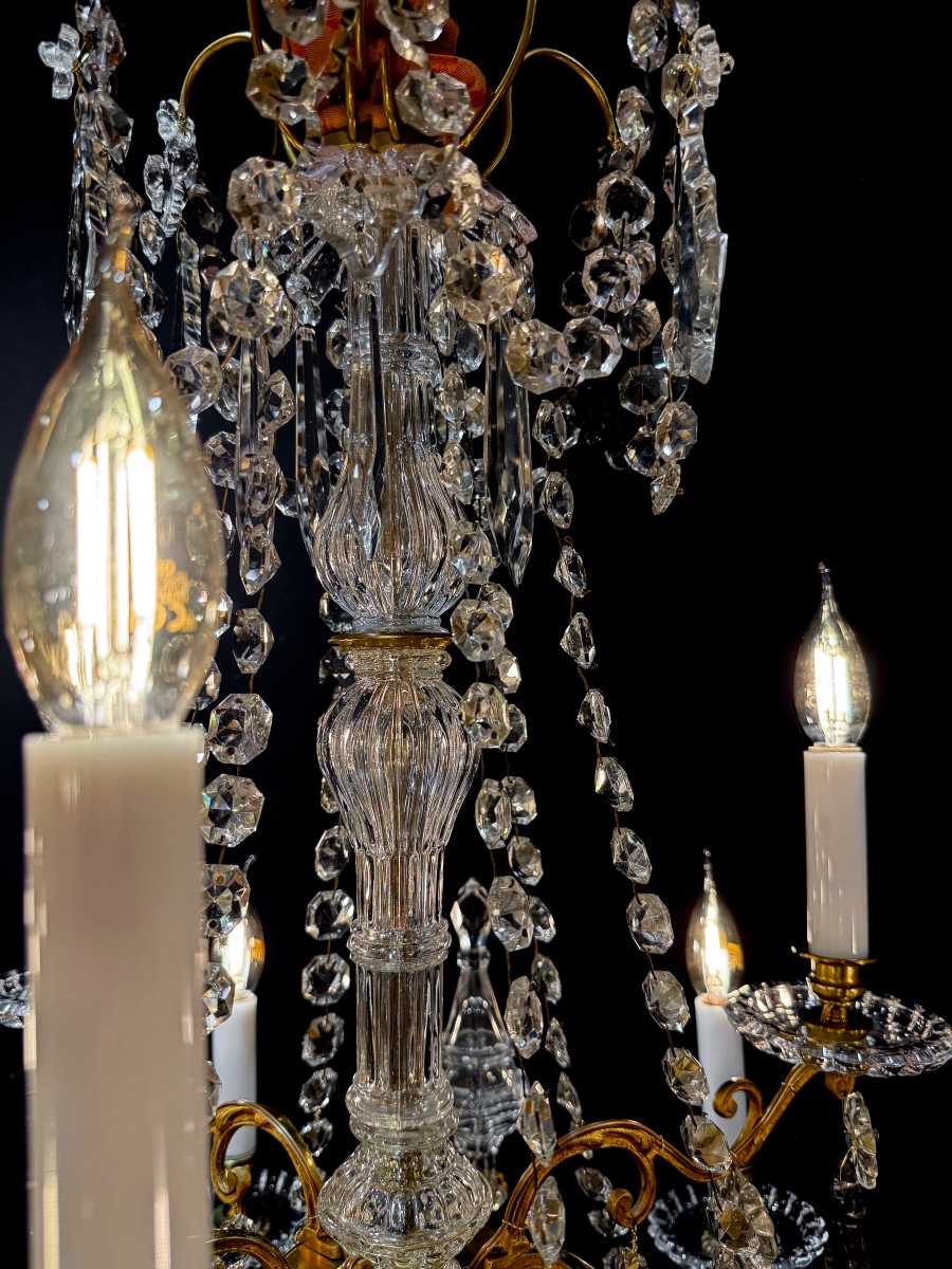 Baccarat (signed) Louis XVI Style Nine-light Chandelier In Chiseled And Gilded Bronze 1900-photo-3