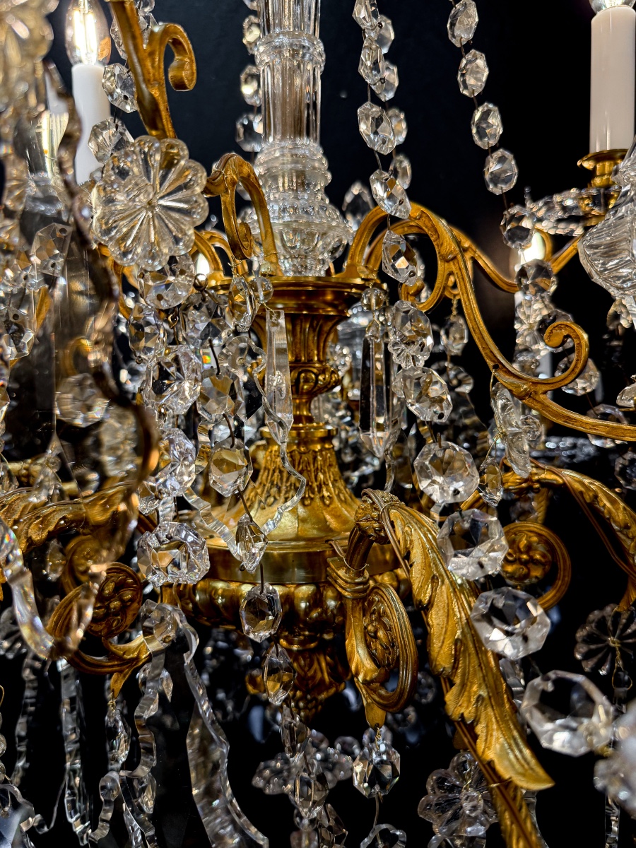 Baccarat (signed) Louis XVI Style Nine-light Chandelier In Chiseled And Gilded Bronze 1900-photo-2