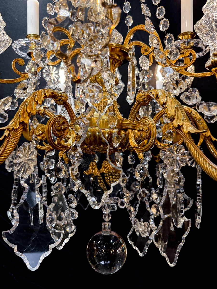 Baccarat (signed) Louis XVI Style Nine-light Chandelier In Chiseled And Gilded Bronze 1900-photo-4