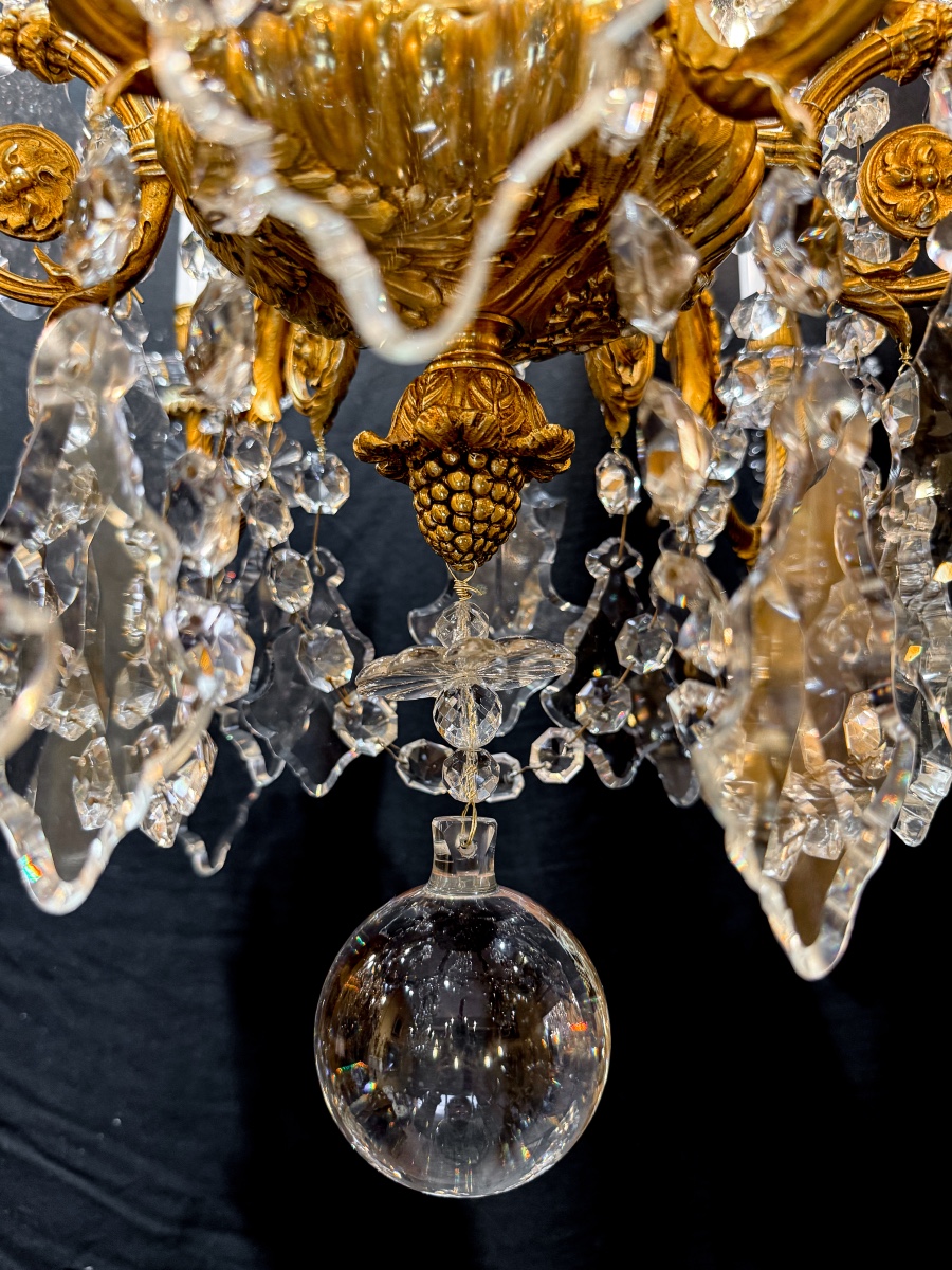 Baccarat (signed) Louis XVI Style Nine-light Chandelier In Chiseled And Gilded Bronze 1900-photo-6