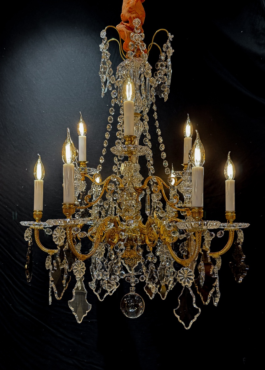 Baccarat (signed) Louis XVI Style Nine-light Chandelier In Chiseled And Gilded Bronze 1900-photo-7