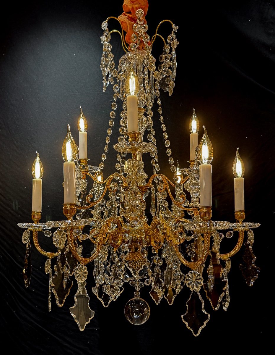 Baccarat (signed) Louis XVI Style Nine-light Chandelier In Chiseled And Gilded Bronze 1900