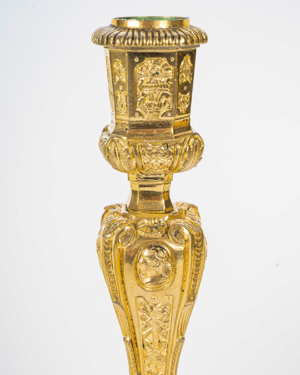 Paire de Flambeaux de Style Régence en Bronze Doré, signée Henri Picard vers 1850-photo-1
