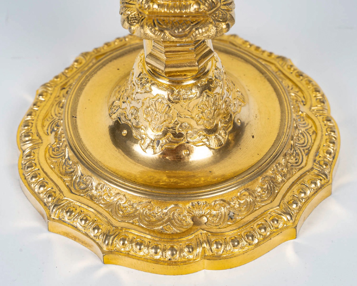 Paire de Flambeaux de Style Régence en Bronze Doré, signée Henri Picard vers 1850-photo-3
