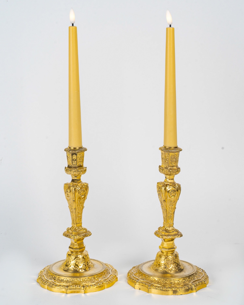 Paire de Flambeaux de Style Régence en Bronze Doré, signée Henri Picard vers 1850-photo-6