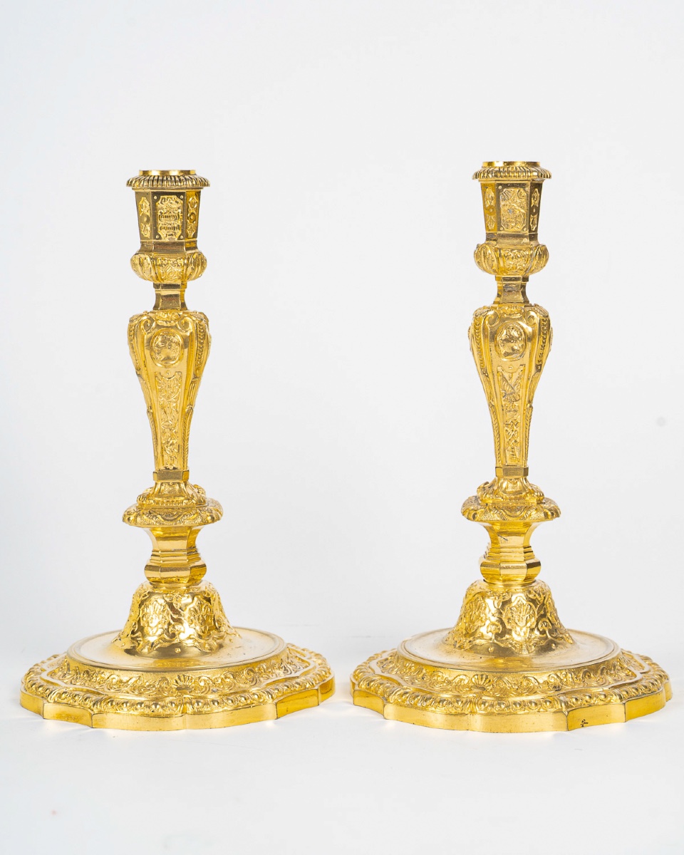 Paire de Flambeaux de Style Régence en Bronze Doré, signée Henri Picard vers 1850