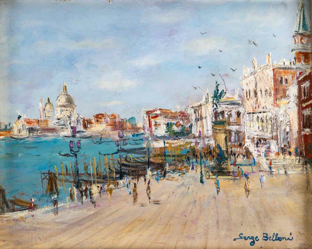 Serge Belloni (1925-2005) Venice Riva Degli Schiavoni Oil On Wood Circa 1970-photo-2