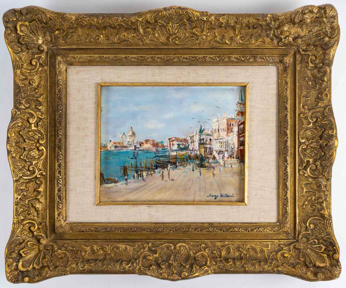 Serge Belloni (1925-2005) Venice Riva Degli Schiavoni Oil On Wood Circa 1970