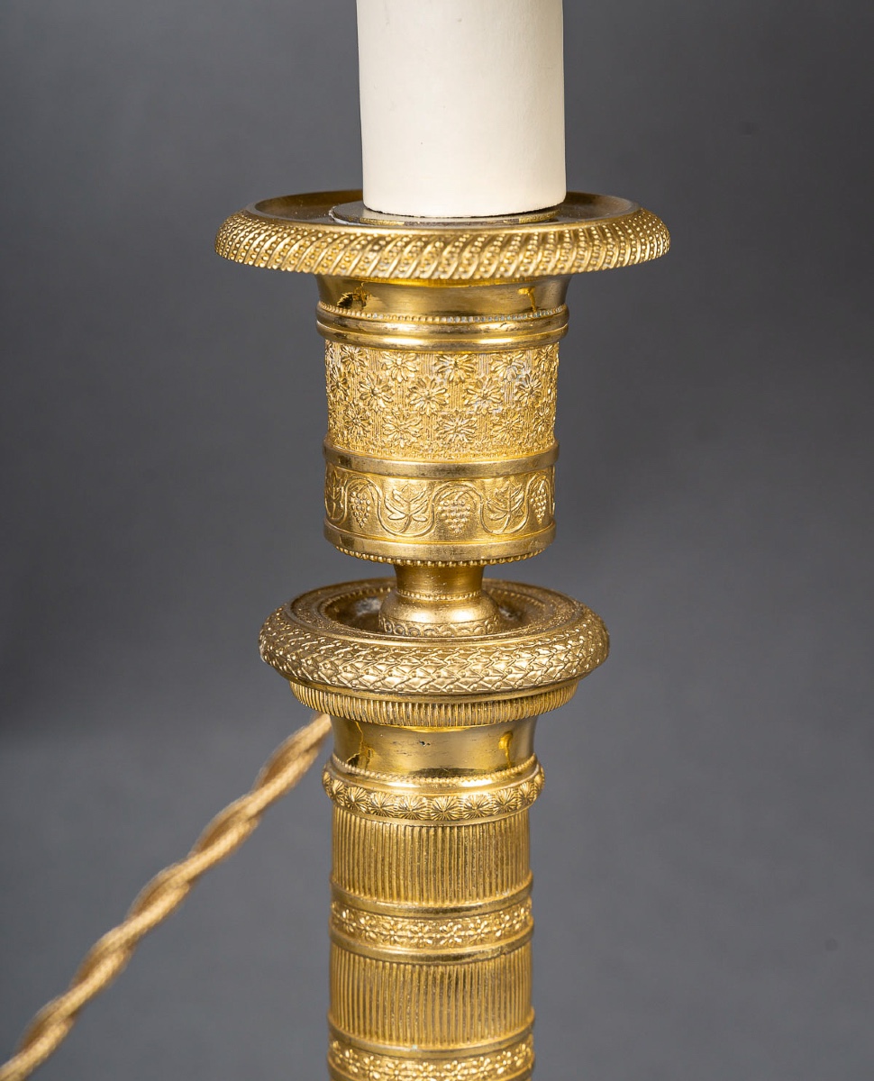 Pair Of Empire Period Patinated And Gilt Bronze Candlesticks Mounted As Lamps Circa 1810-photo-1