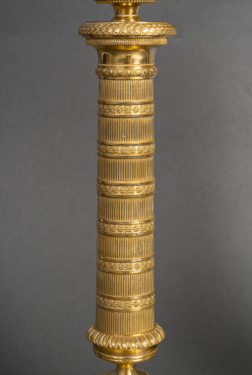 Pair Of Empire Period Patinated And Gilt Bronze Candlesticks Mounted As Lamps Circa 1810-photo-2