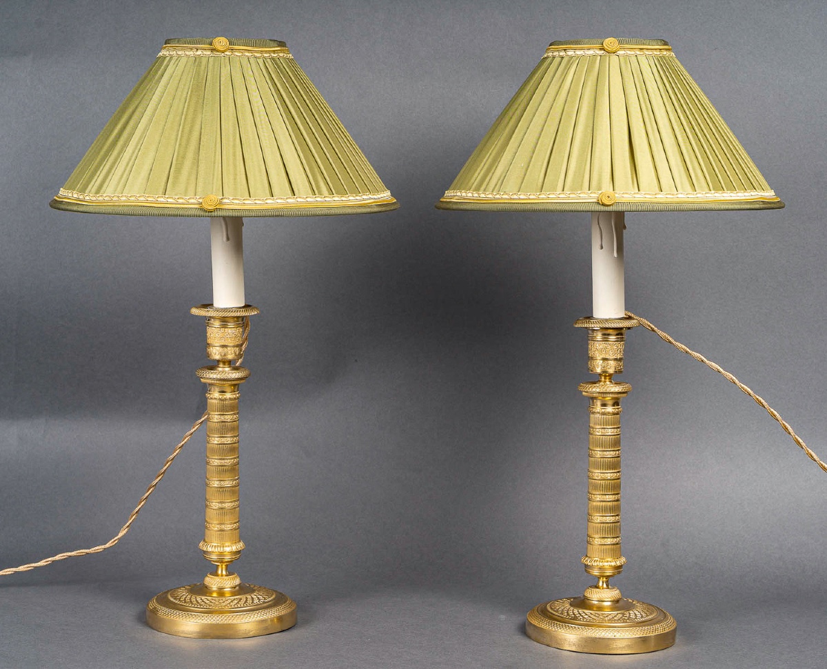 Pair Of Empire Period Patinated And Gilt Bronze Candlesticks Mounted As Lamps Circa 1810-photo-6