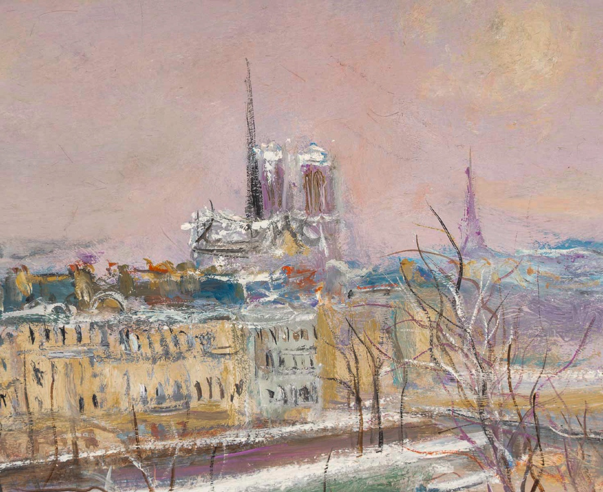 Serge Belloni (1925–2005) – Pont Marie, île Saint-louis, And Notre-dame In Snow Oil On Wood-photo-4