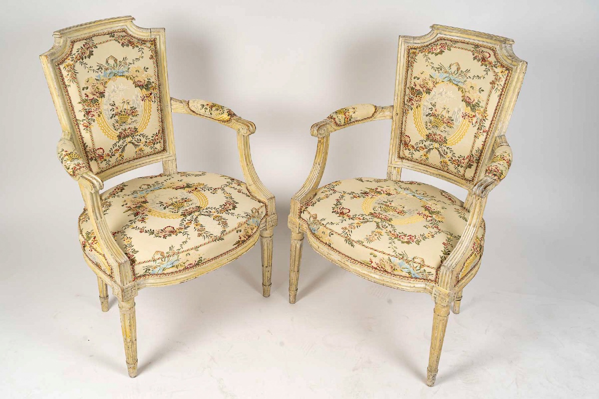 Paire de Fauteuils en hêtre laqué d’Époque Louis XVI vers 1780-1790-photo-4
