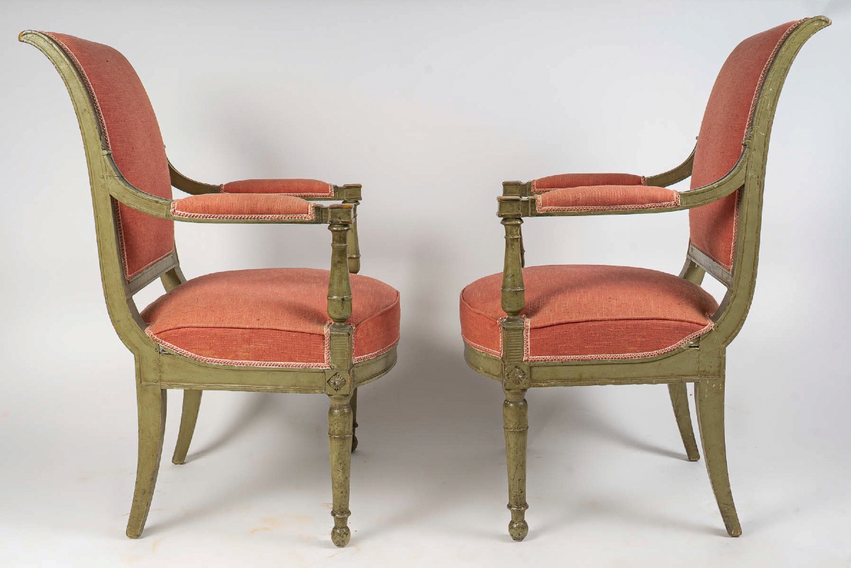 Pair Of French Directoire Period Green Lacquered Beech Armchairs (1795–1799)-photo-3