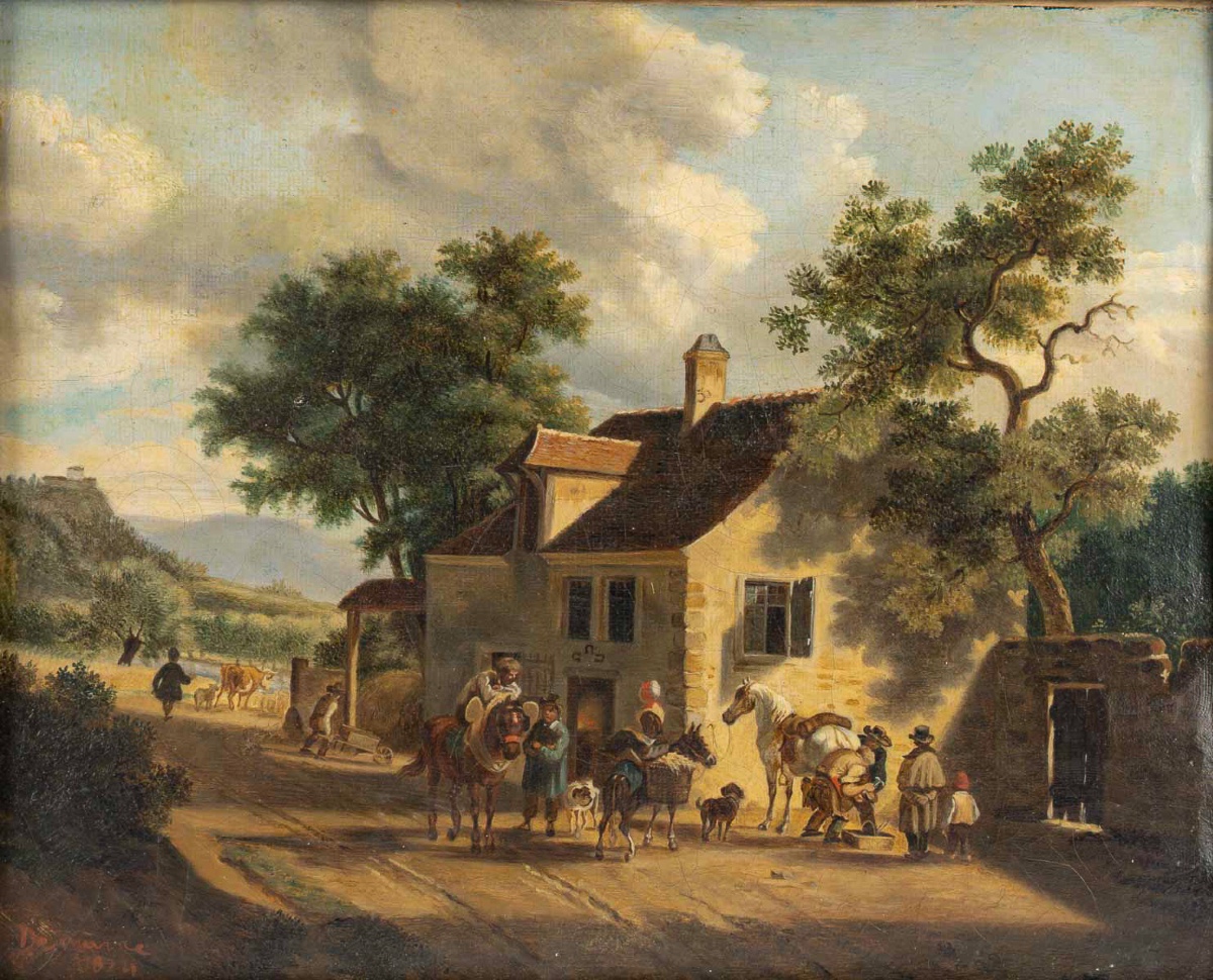 Jean-Louis Demarne (1744-1829) Halte chez le Marechal Ferrant huile sur toile vers 1824-photo-2