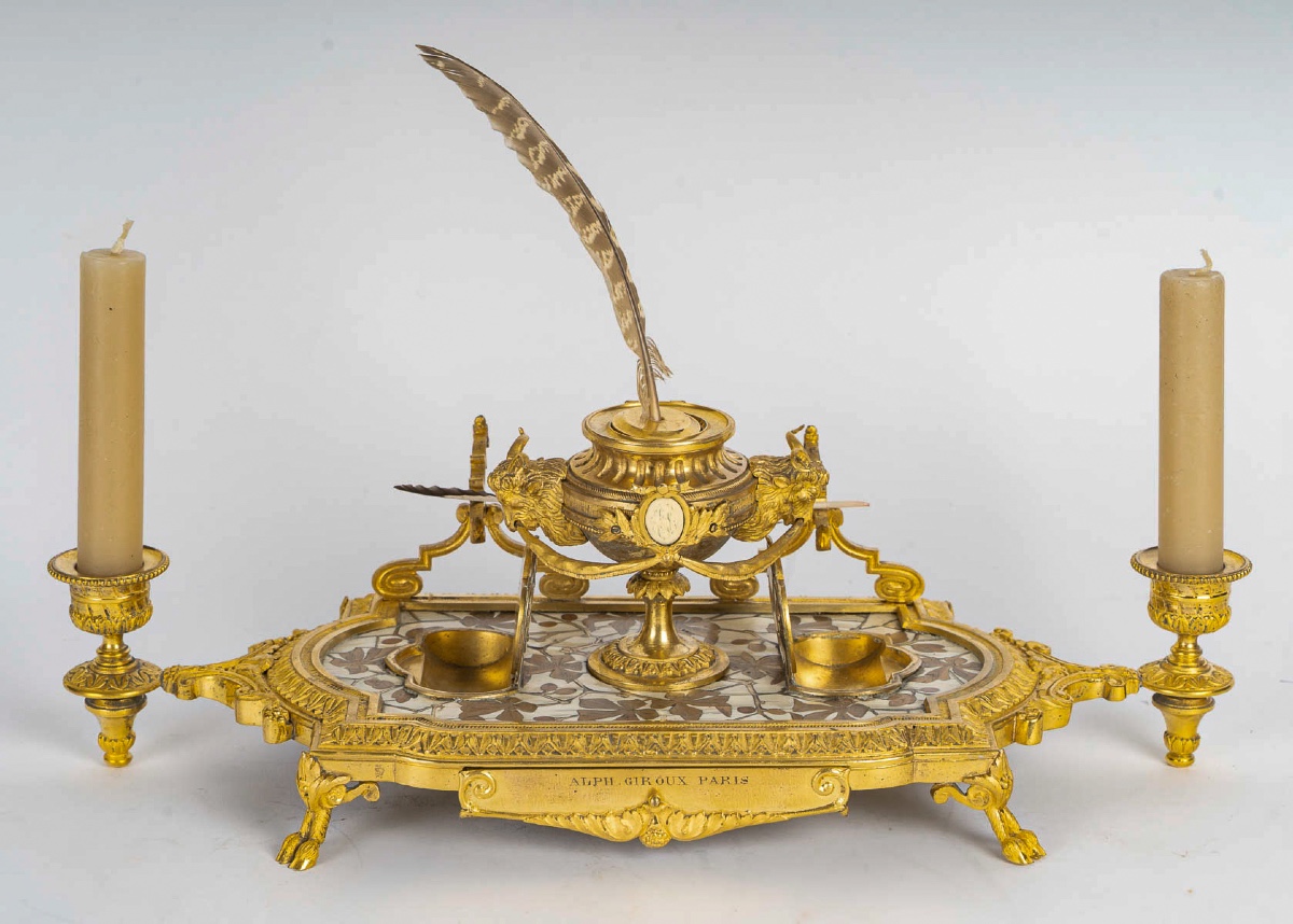 Ferdinand Duvinage Bronze And Marquetry Inkwell On An Ivory Ground, Maison Alphonse Giroux-photo-2