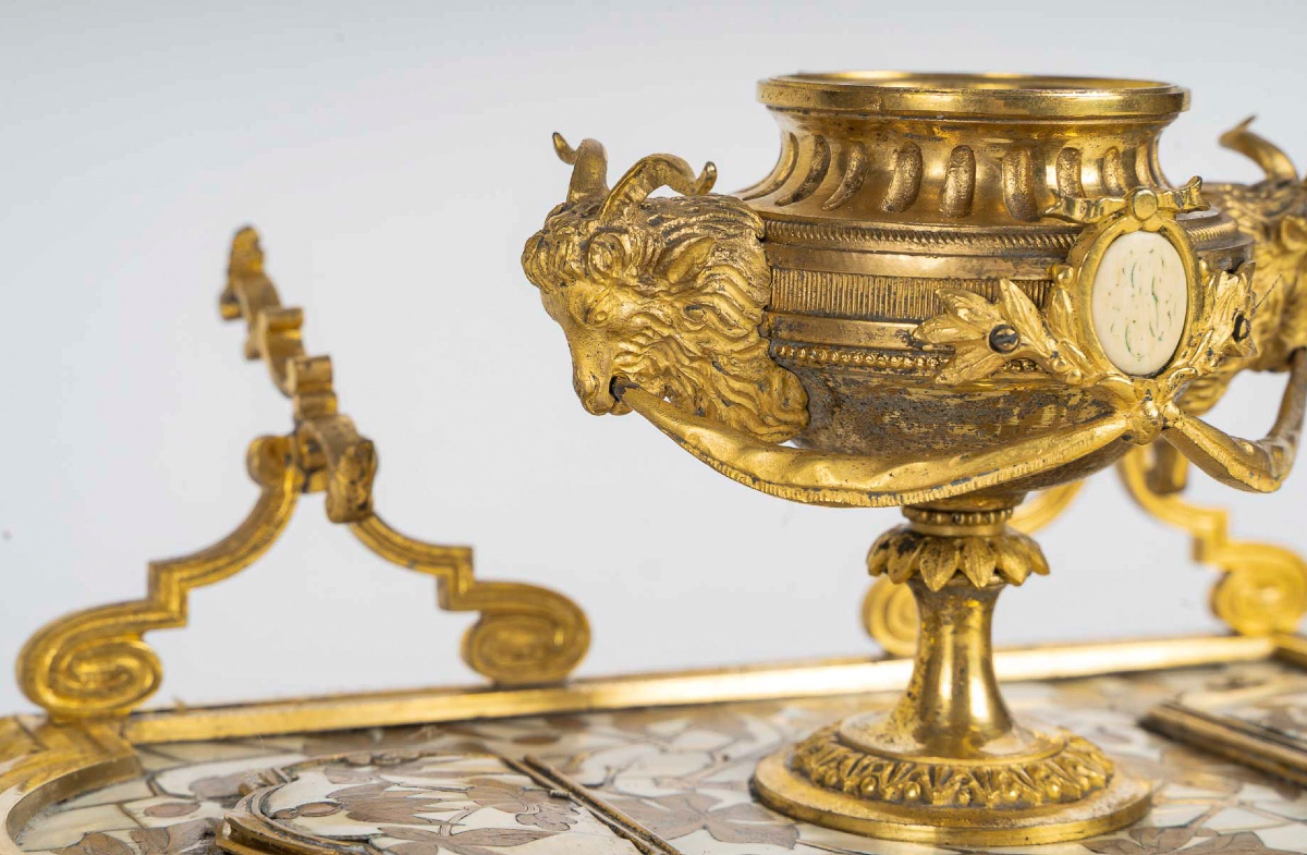 Ferdinand Duvinage Bronze And Marquetry Inkwell On An Ivory Ground, Maison Alphonse Giroux-photo-2