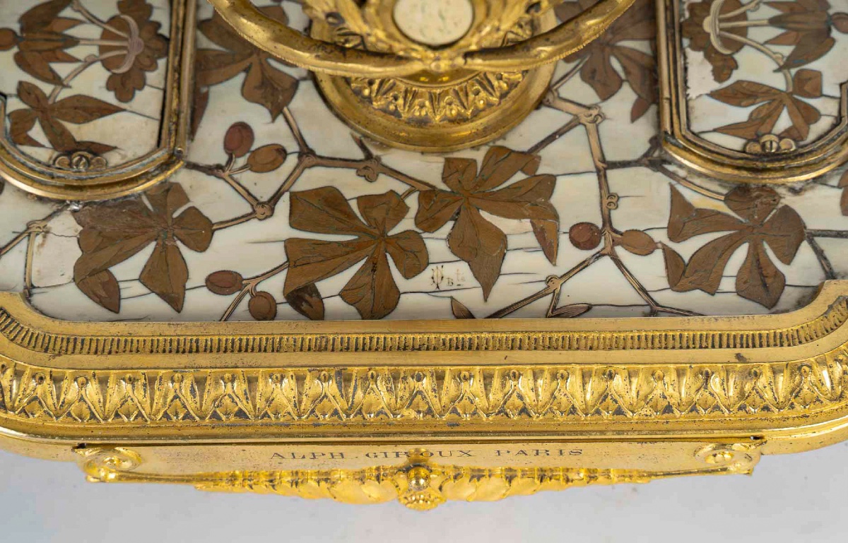 Ferdinand Duvinage Bronze And Marquetry Inkwell On An Ivory Ground, Maison Alphonse Giroux-photo-5