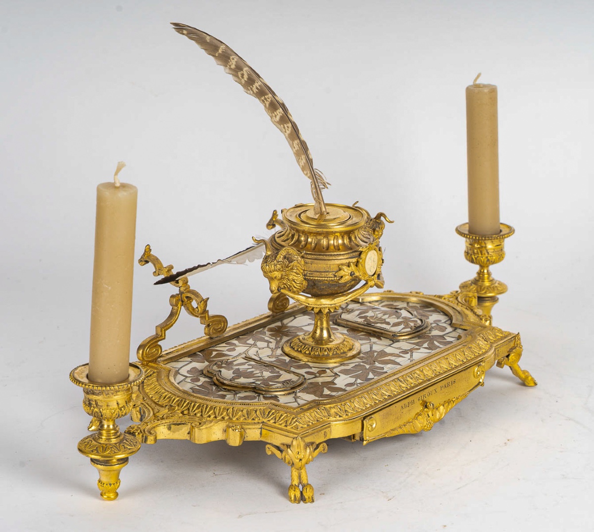 Ferdinand Duvinage Bronze And Marquetry Inkwell On An Ivory Ground, Maison Alphonse Giroux-photo-8