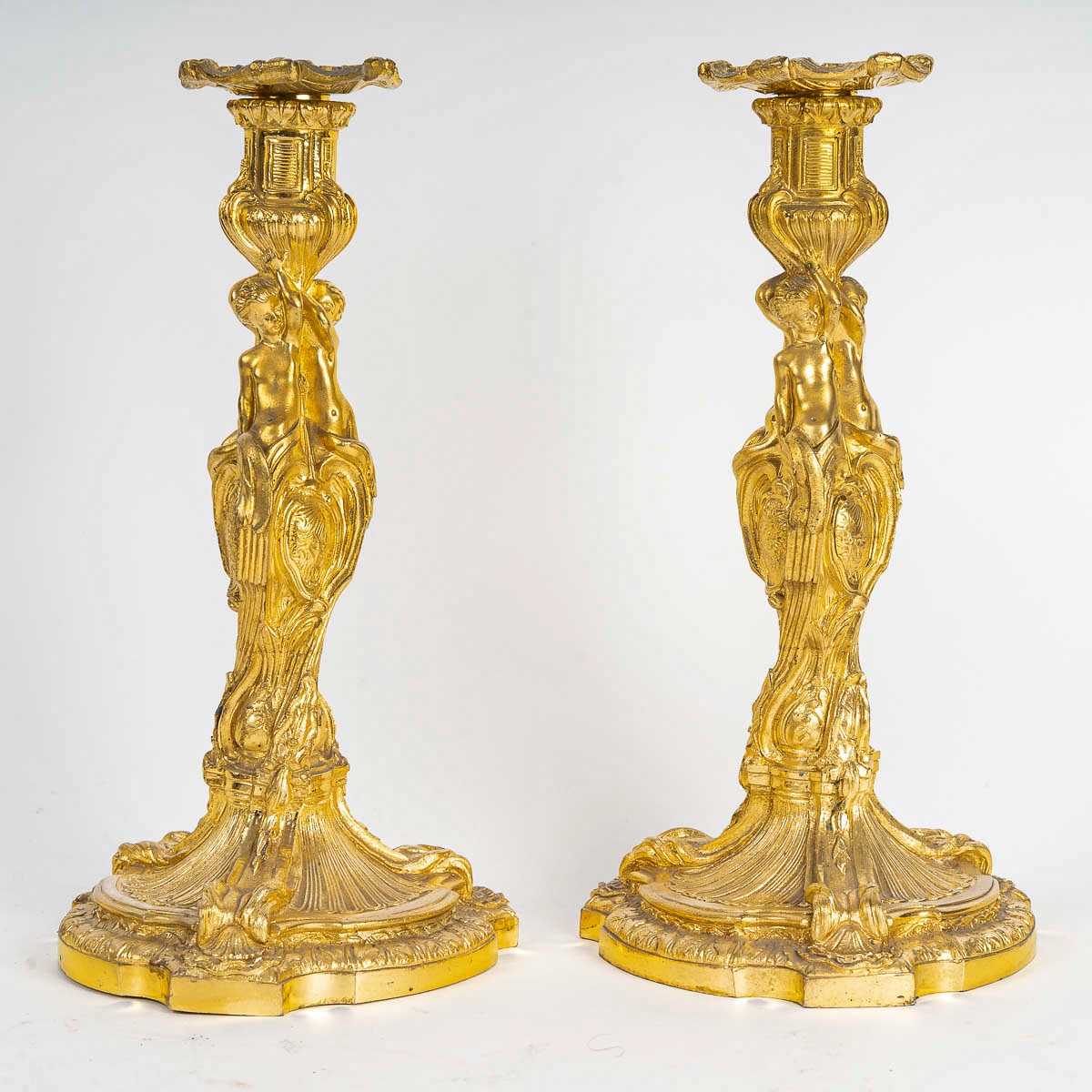 After Juste-aurèle Meissonnier Pair Of Gilt Bronze Candlesticks Circa 1880 Mounted As Lamps-photo-3