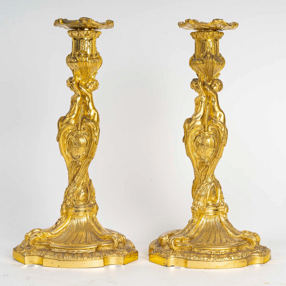 After Juste-aurèle Meissonnier Pair Of Gilt Bronze Candlesticks Circa 1880 Mounted As Lamps-photo-4