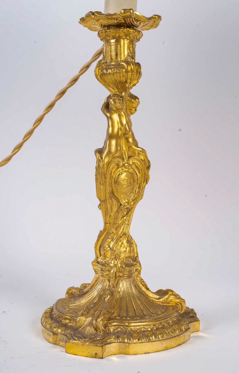 After Juste-aurèle Meissonnier Pair Of Gilt Bronze Candlesticks Circa 1880 Mounted As Lamps-photo-3