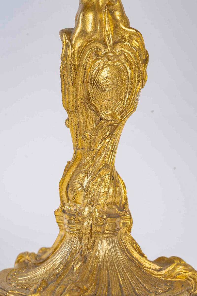 After Juste-aurèle Meissonnier Pair Of Gilt Bronze Candlesticks Circa 1880 Mounted As Lamps-photo-4