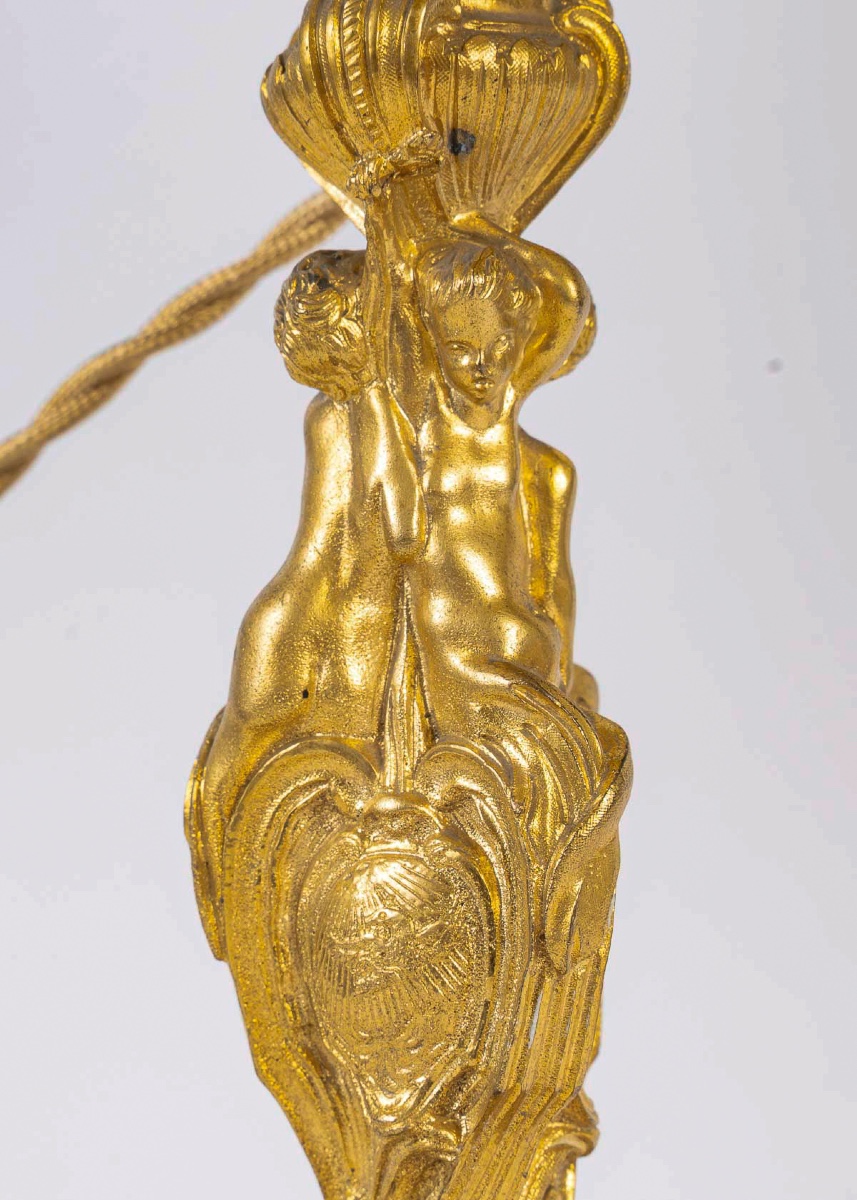 After Juste-aurèle Meissonnier Pair Of Gilt Bronze Candlesticks Circa 1880 Mounted As Lamps-photo-5