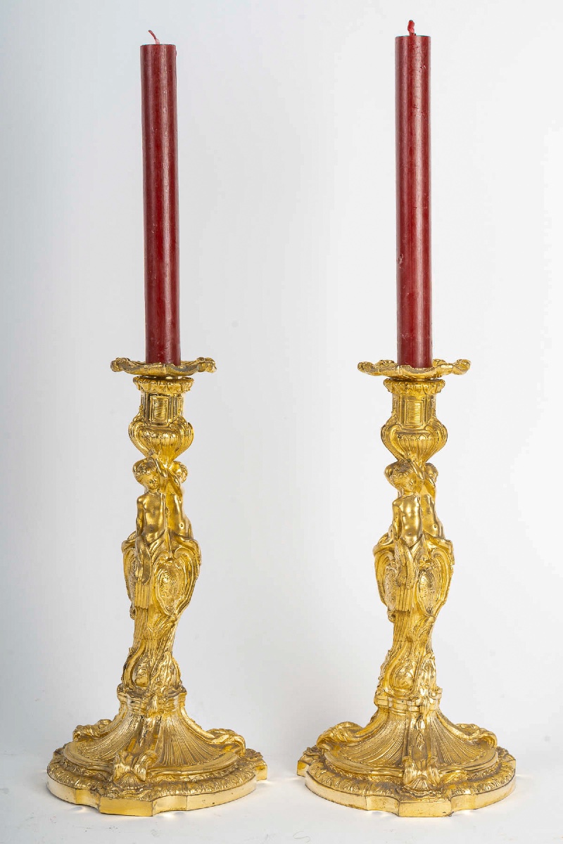 After Juste-aurèle Meissonnier Pair Of Gilt Bronze Candlesticks Circa 1880 Mounted As Lamps-photo-7