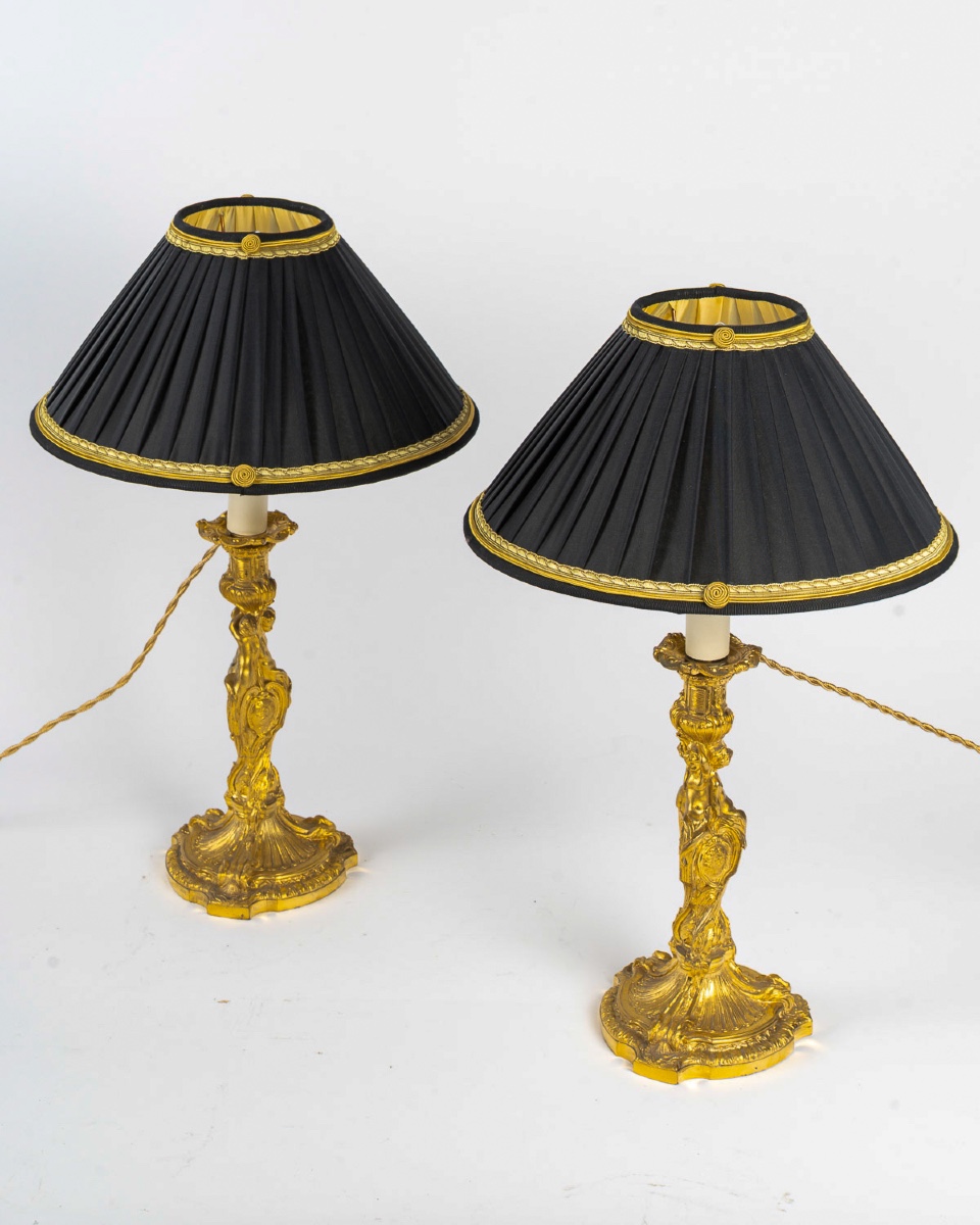 After Juste-aurèle Meissonnier Pair Of Gilt Bronze Candlesticks Circa 1880 Mounted As Lamps-photo-8
