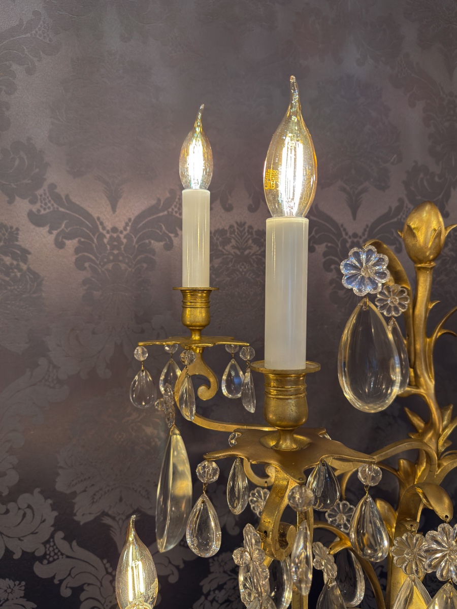 A Fine Pair Of Large Gilt-bronze And Baccarat Crystal Girandoles, Potocki Mansion, C. 1890-photo-3