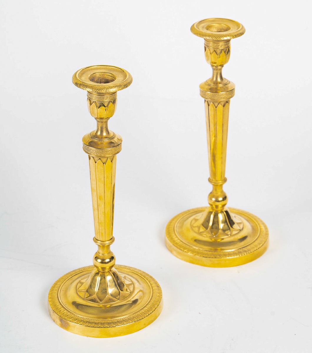 Pair Of French Directoire Circa 1795-1799 Period Gilt Bronze Candlesticks, Monted As Lamps-photo-4