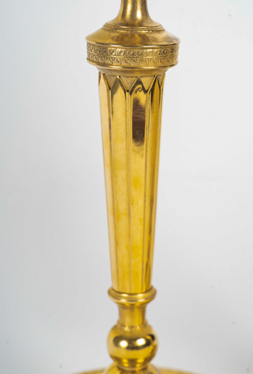Pair Of French Directoire Circa 1795-1799 Period Gilt Bronze Candlesticks, Monted As Lamps-photo-2