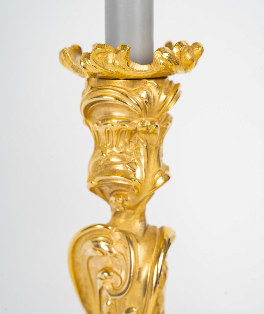  Pair Of Louis XV Gilt Bronze Butterfly Candlesticks After Meissonnier, Mounted As Lamps-photo-1