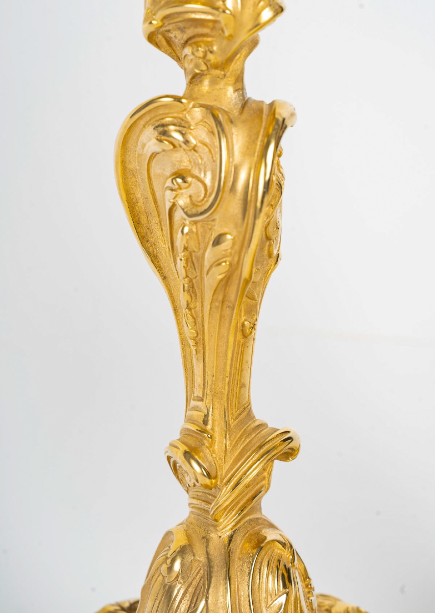  Pair Of Louis XV Gilt Bronze Butterfly Candlesticks After Meissonnier, Mounted As Lamps-photo-3