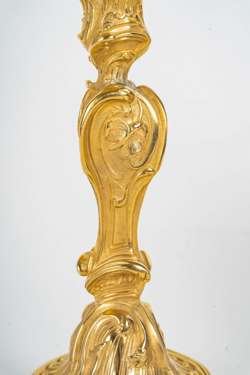  Pair Of Louis XV Gilt Bronze Butterfly Candlesticks After Meissonnier, Mounted As Lamps-photo-4